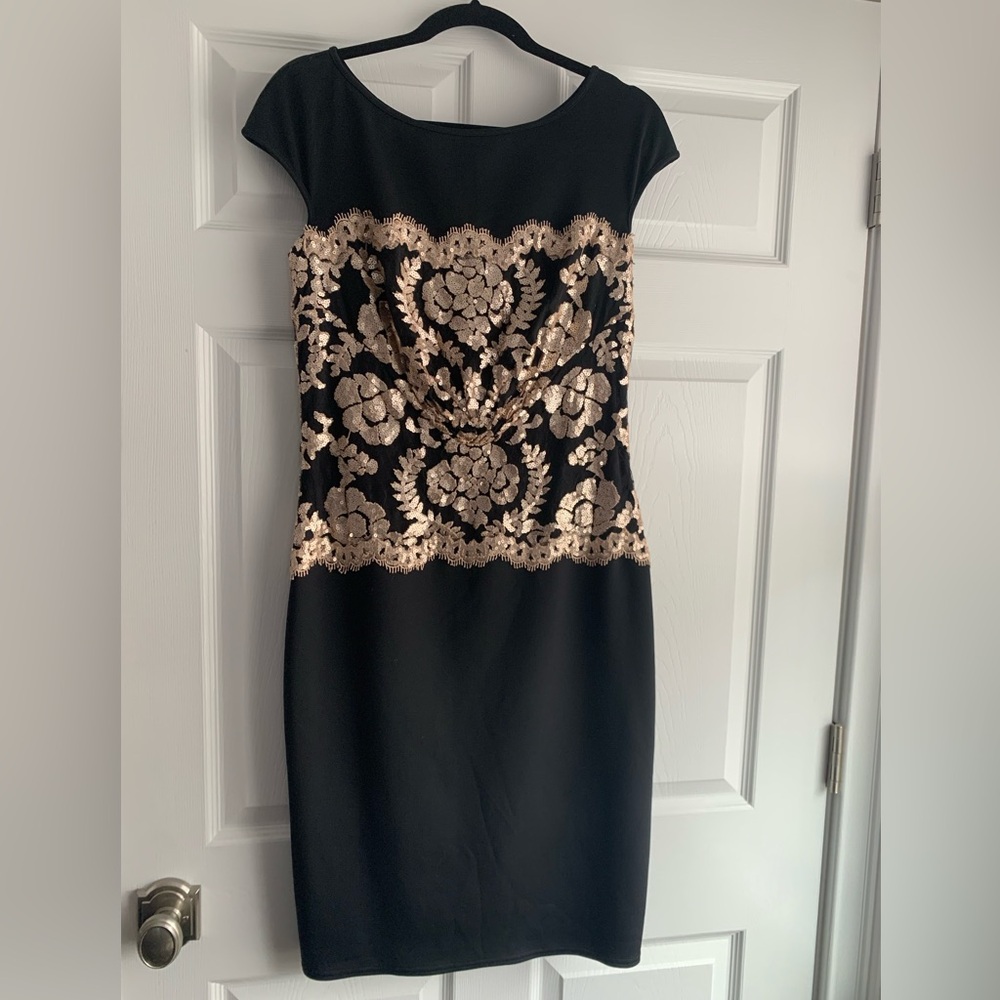 Tadashi Shoji Black/Gold Lace Sheath Dresss